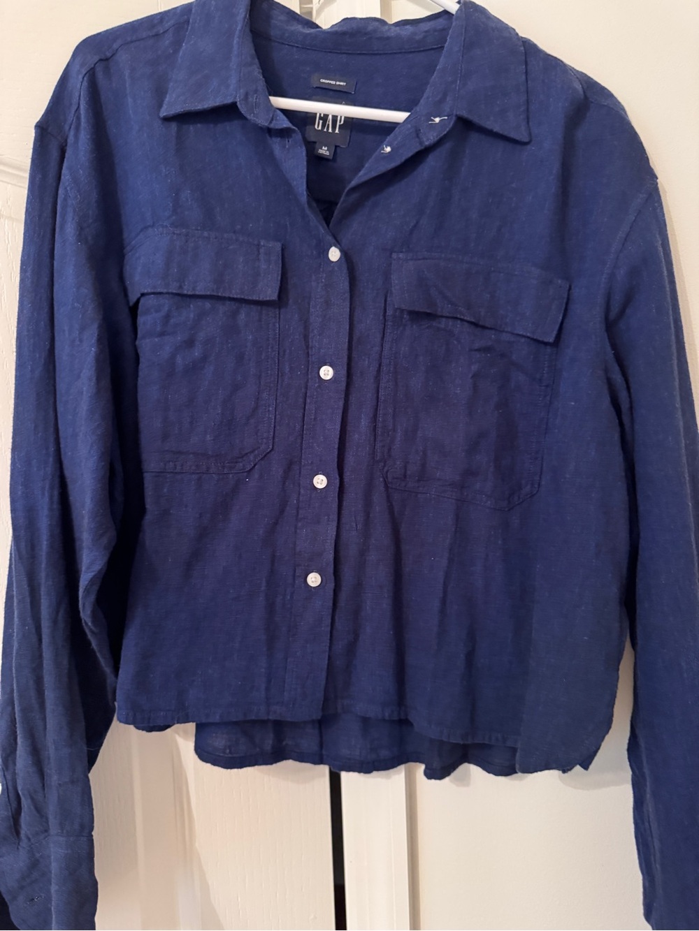 GAP Dark Blue Linen Button-Up Shirt with Front Flap Pockets and Matching Shorts